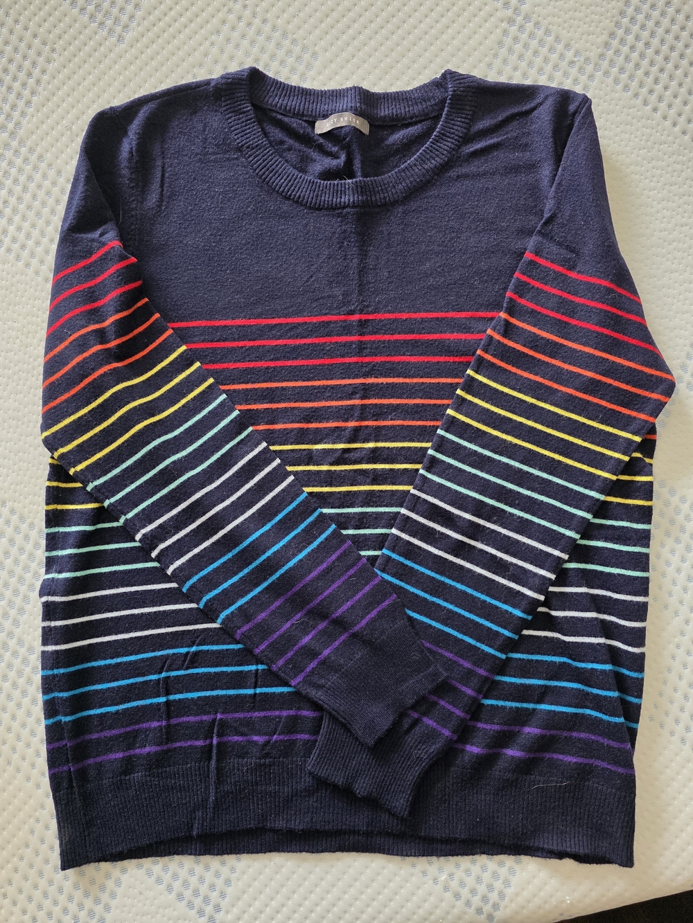Suzy Shier Navy Crewneck Sweater with Rainbow Stripes